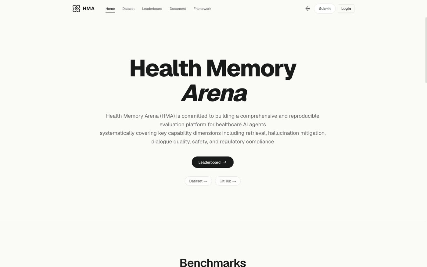 Health Memory Arena benchmark homepage