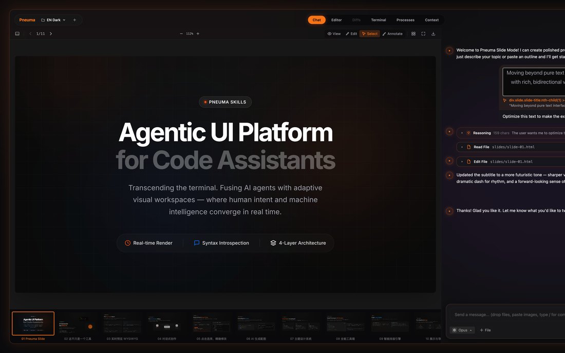 Pneuma Skills app — slide mode with a live agent chat panel
